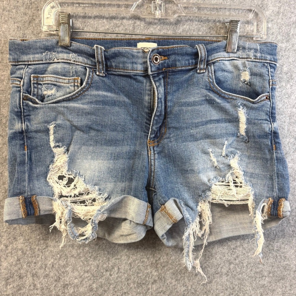 Sneak Peek Womens Distressed Denim Shorts Blue Mid Rise Cuffed Size L